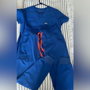 Figs Blue Women's Scrub Set with Orange Accents